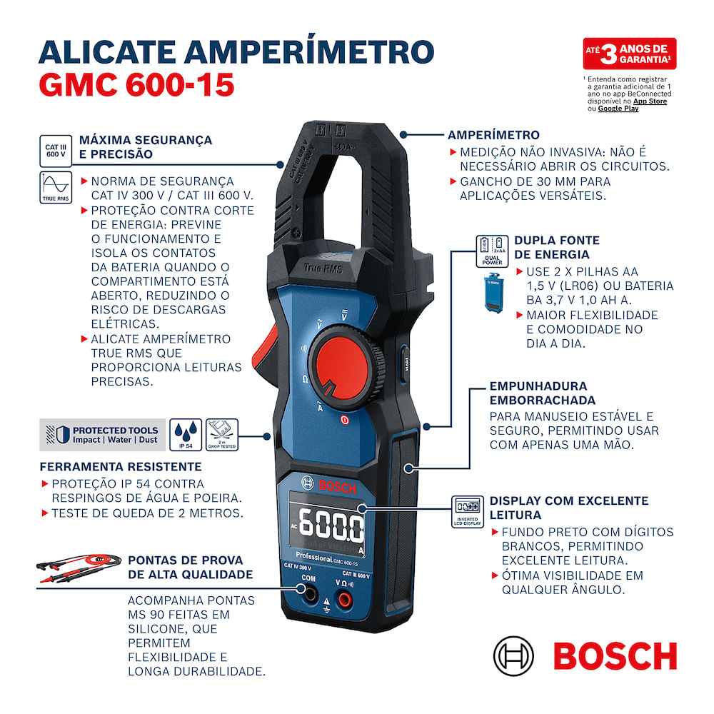 Alicate Amperímetro TRMS Bosch GMC 600-15 - Resseg
