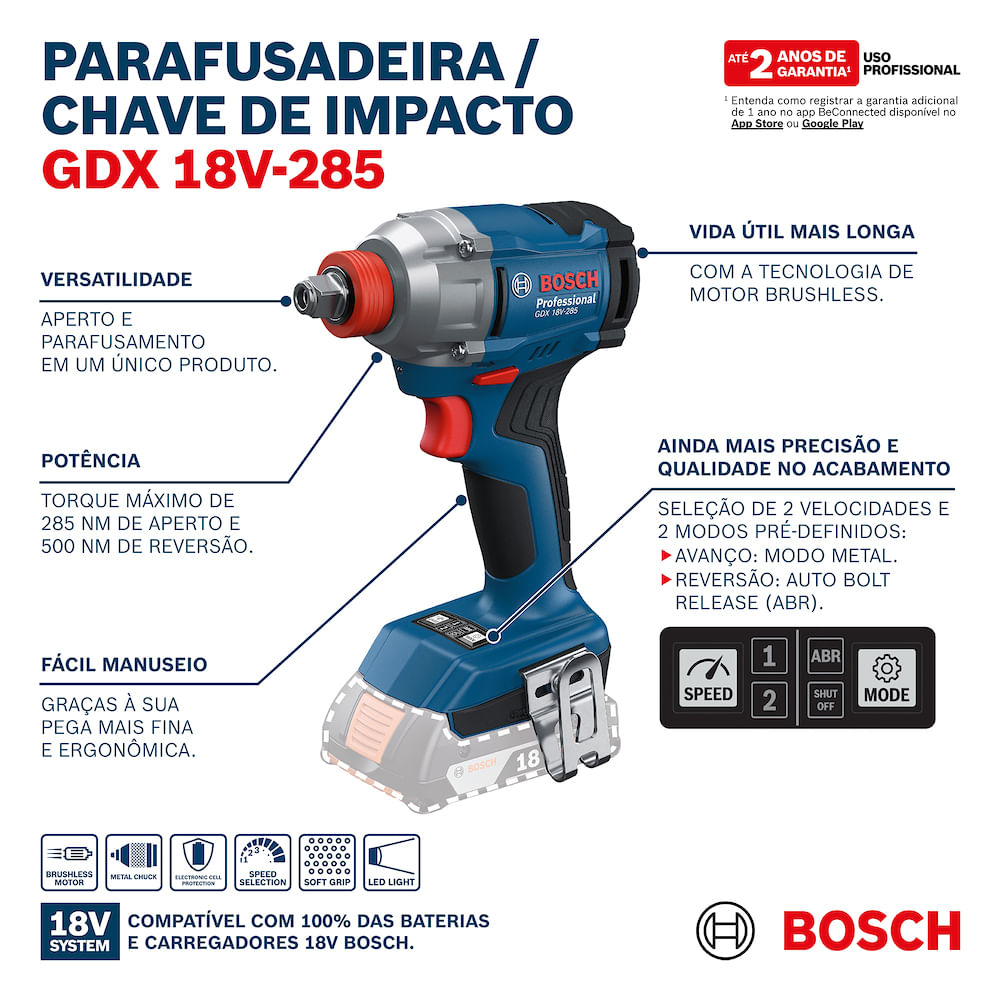 Parafusadeira/Chave Impacto Bosch GDX 18V-285 285Nm 2800rpm SB