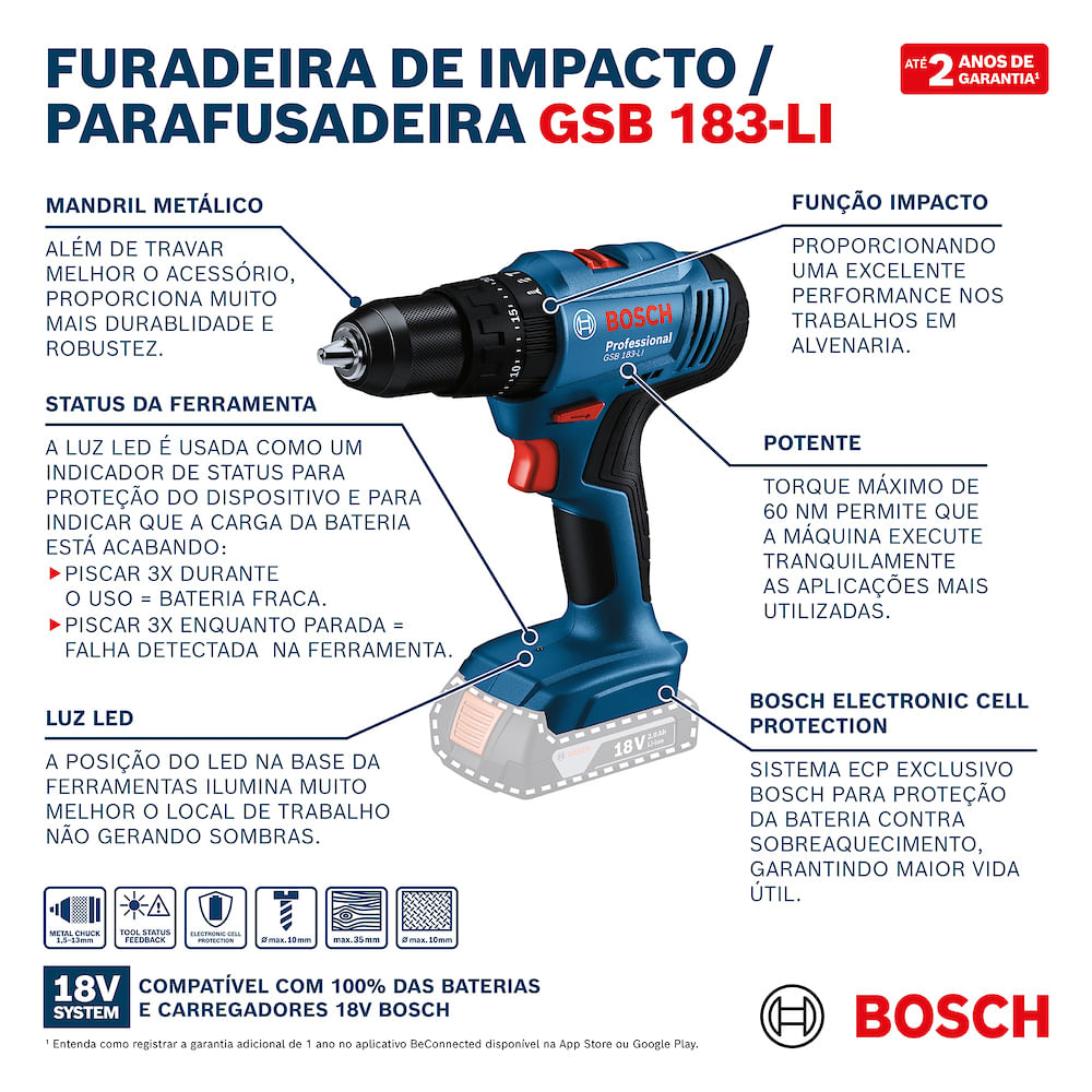 Parafusadeira e Furadeira de Impacto a bateria 18V GSB 183-LI